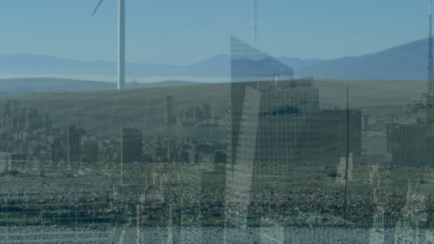 Animation of financial data processing and wow text over wind turbine and cityscape. Global business, finances and digital interface concept digitally generated video. - Powered by Shutterstock - Get 15% off with code: PIKWIZARD15