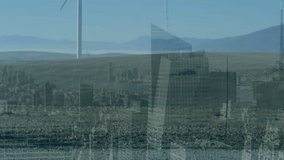 Animation of financial data processing and wow text over wind turbine and cityscape. Global business, finances and digital interface concept digitally generated video. - Powered by Shutterstock - Get 15% off with code: PIKWIZARD15
