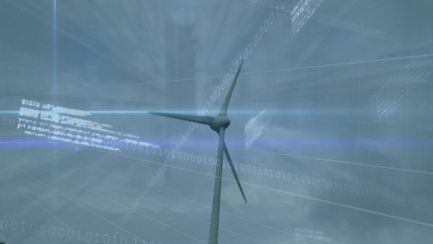 Animation of financial data processing over wind turbine and cityscape. Global business, finances and digital interface concept digitally generated video. - Powered by Shutterstock - Get 15% off with code: PIKWIZARD15