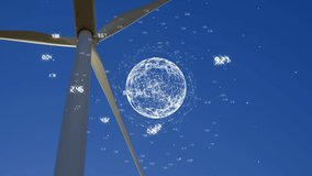 Animation of globe and data processing over wind turbine. global green energy, environment, sustainability and data processing concept digitally generated video. - Powered by Shutterstock - Get 15% off with code: PIKWIZARD15