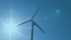Animation of statistics and data processing over wind turbine. global environment, sustainability, technology, business and data processing concept digitally generated video.