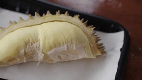 Durian is a fruit that has been referred to as the king of fruits of South East Asia. Thailand sweet fruit. Durian fruit. footage b roll 4k slow motion.