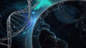 Animation of dna rotating over globe on black background. network, connections, science and technology concept digitally generated video.