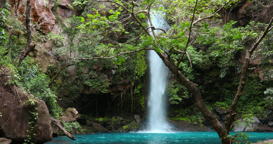 Catarata La Cangreja - Hidden waterfall surrounded by green trees, vegetation, rocks, leaves floating on green and clear water, Rincon de la Vieja National Park, Costa Rica Wilderness