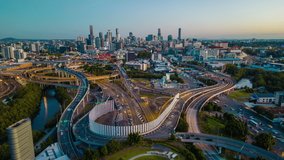 Aerial hyperlapse, dronelapse video of Brisbane city and highway traffic in Australia at night