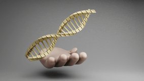 Beautiful abstract illustrations Golden Hand rotation DNA molecule on a grey background. 3d rendering illustration. Online Shopping. Loops video.