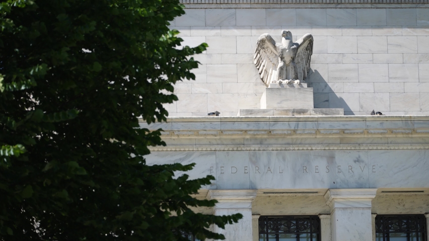 Closeup of the top of the federal reserve government Eccles building in Washington, DC where inflation financial policy is made. Royalty-Free Stock Footage #1093308905