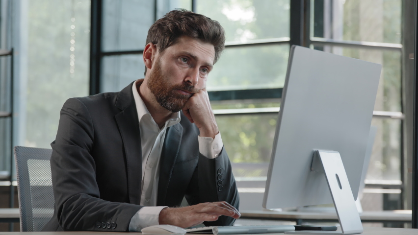 Tired lazy napping yawn adult bearded man male manager worker bored at work project online in computer in office Caucasian mature ill businessman need energy asleep feel overworked exhaustion | Shutterstock HD Video #1093309771
