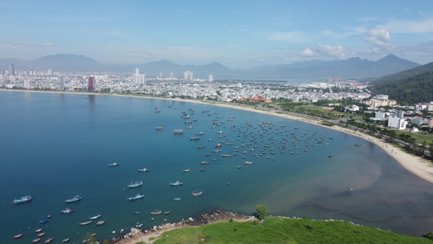 Aerial view of Da Nang beach and Son Tra peninsula which is very famous destination of Viet Nam. Royalty-Free Stock Footage #1093313751