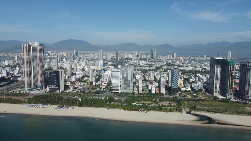 Aerial view of Da Nang beach and Son Tra peninsula which is very famous destination of Viet Nam. Royalty-Free Stock Footage #1093313753
