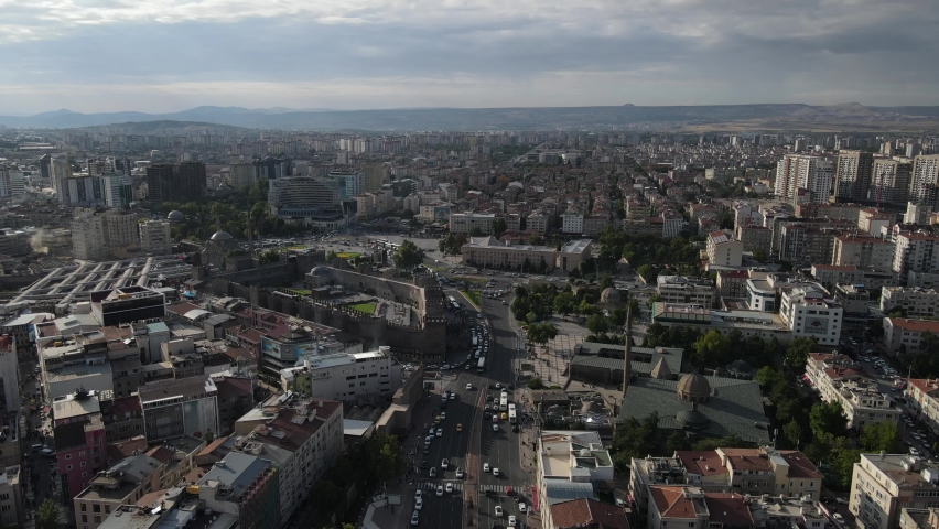 Aerial drone city view, The castle in the city and the modern urbanization example here are the flowing traffic and the cityscape. Kayseri, Turkey