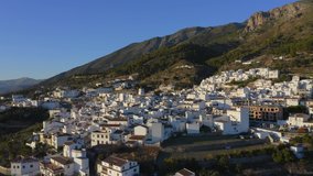 Aerial Drone View of Spain, Spanish Town in Mountains, Costa Del Sol, Andalusia (Andalucia), Europe, Traditional White Houses and Homes Popular in Property Real Estate Housing Market, Europe