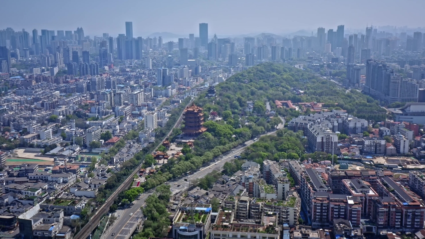 Beautiful aerial view flying a drone of Yellow Crane Tower , Wuhan, china (huanghelou)