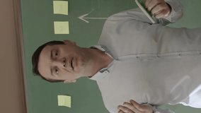 Angry teacher screaming and gesturing violently,unhappy with students' ignorance. Emotional crazy teacher trying to explain mathematical formulas written in chalk on blackboard in class.Vertical video