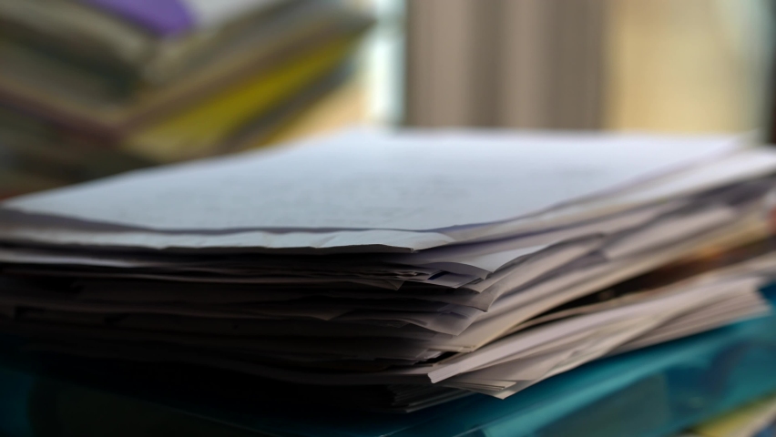 Large Pile Of Papers Dropped On Desk, Too Much Work Royalty-Free Stock Footage #1093322749
