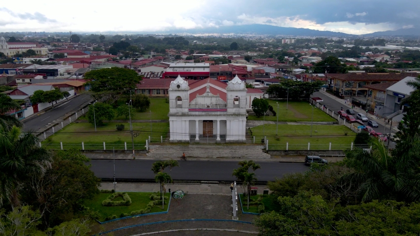 Beautiful aerial cinematic footage of the Santo Domingo Church in Heredia - Costa Rica