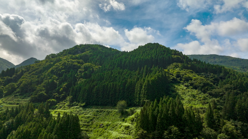 Hyperlapse: Fluffy white clouds move over green mountain landscape