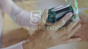 5g text, globe and data processing against close up of a person using card machine to make payment. Global networking and digital payment technology concept - Powered by Shutterstock - Get 15% off with code: PIKWIZARD15