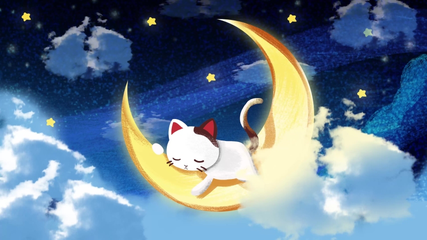 cute kawaii cat sleeping on the moon,night sky, yellow moon and stars.loop video background for lullabies Royalty-Free Stock Footage #1093330351