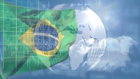 Animation of financial data processing with globe over flag of brazil. Global business, finance, data processing and networking concept digitally generated video.