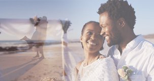 Animation of happy african american couple over dancing couple on beach. Love, romantic relationship and freedom concept digitally generated video.