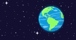 Pixel art space animation. Earth Planet, stars, space. Pixel art 8 bit vector game retro. Retro pixel planet. Seamless animation