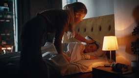 Mother Caring for Her Lovely Daughter, Putting Her to Sleep in Bed Before at Home in the Evening. Babysitter Tucking Little Girl in Blanket and Turning Off Light in Table Lamp. - Powered by Shutterstock - Get 15% off with code: PIKWIZARD15