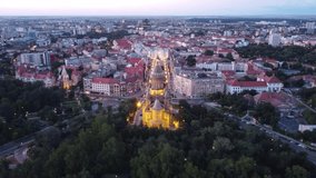 Short video clip of a drone flight over the Timisoara Orthodox Cathedral and the illuminated city center.  Footage taken on 10th of August 2022, in Timisoara, Timis county, Romania.