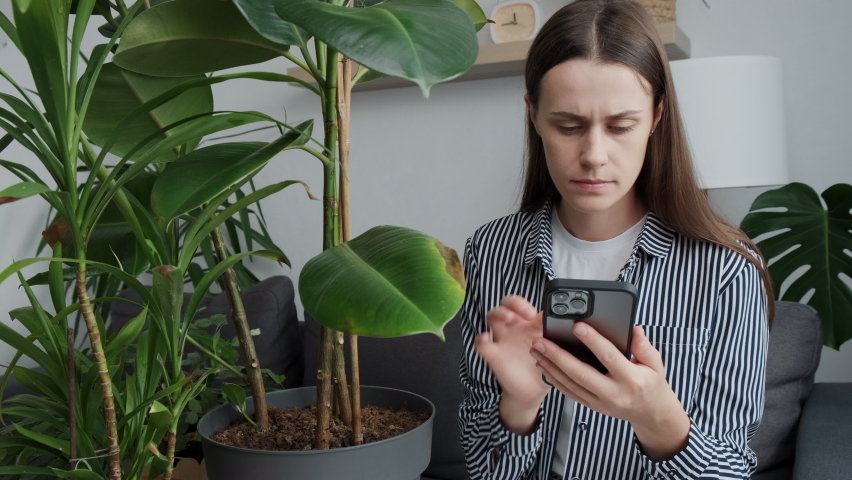 Close up of anxious young woman holding smartphone, reading information about plant diseases sit on sofa at home. Indoor plants diseases disorders Identification and treatment, houseplants sunburn Royalty-Free Stock Footage #1093344909