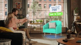 Decorating Apartment: Couple Holding Digital Tablet Computer, using Augmented Reality Interior Design Software Chooses 3D Furniture for Home. Pick a Stylish Chair for the Living Room. Side View - Powered by Shutterstock - Get 15% off with code: PIKWIZARD15