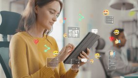 Social Media Visualization Concept: Happy Young Woman Uses Digital Tablet Computer in the Office, Social Media Posts, Smiley Faces, e-Commerce Online Shopping Digital Icons Flying Around the Device - Powered by Shutterstock - Get 15% off with code: PIKWIZARD15