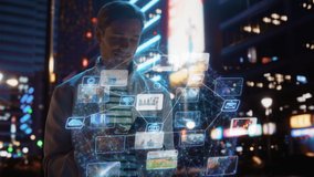 Man Using Smartphone Walking Through Night City Street. Man Using Mobile Phone, Infographics Show: Social Media Stream, Online Shopping, News, Videos, Gaming, Dancing. 3D VFX Graphics, Animation - Powered by Shutterstock - Get 15% off with code: PIKWIZARD15