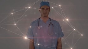 Animation of network of connections over caucasian male surgeon. global medicine, healthcare services, research and networks concept digitally generated video.
