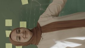 Teacher in hijab teaches math to students in front of chalkboard with pasted notes and chalked math formulas. Online classroom concept. Portrait of teacher or businesswoman giving a seminar.