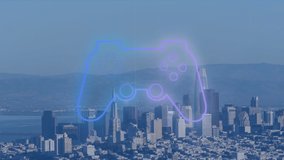 Animation of gaming pad over cityscape. global network, games and entertainment concept digitally generated video. - Powered by Shutterstock - Get 15% off with code: PIKWIZARD15