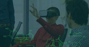 Animation of scientific data over biracial woman wearing vr headset in office. business, science and working with technology concept digitally generated video.
