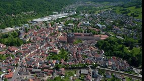 Aerial view around the city Amorbach in Germany on a sunny day in summer. 