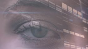 Animation of data processing over caucasian woman's brown eye. global identity, science, digital interface and data processing concept digitally generated video.