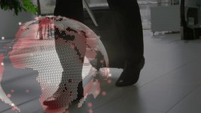 Animation of globe and connections over businessman with suitcase. global business, digital interface and data processing concept digitally generated video.