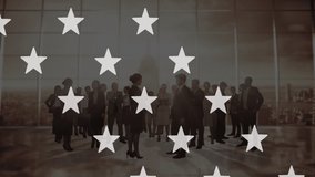 Animation of flags of usa over businesspeople silhouettes over cityscape. American patriotism and business concept digitally generated video. - Powered by Shutterstock - Get 15% off with code: PIKWIZARD15