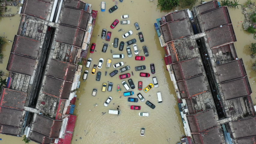 Shah Alam, Selangor, Malaysia - December 19, 2021 - Aerial view of the north Selangor flood following heavy rainfall. Taman Sri Muda was one of the areas worst hit by floods.