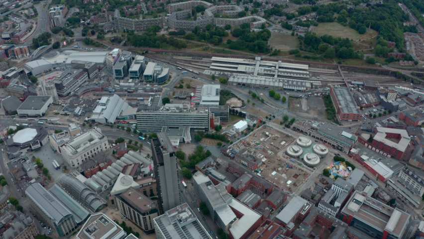 Overhead drone shot of Central Sheffield and train station