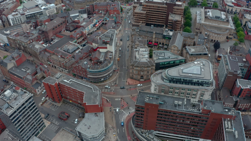 Pan up drone shot of Central Sheffield city UK