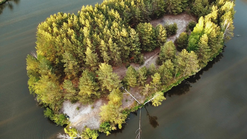 Aerial view of small island with pine trees in the middle of the lake. Close-up shot of island.
