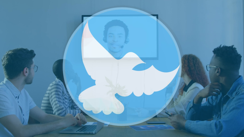 Animation of dove icon over diverse business people talking at meeting. Global business and digital interface concept digitally generated video. | Shutterstock HD Video #1093375699