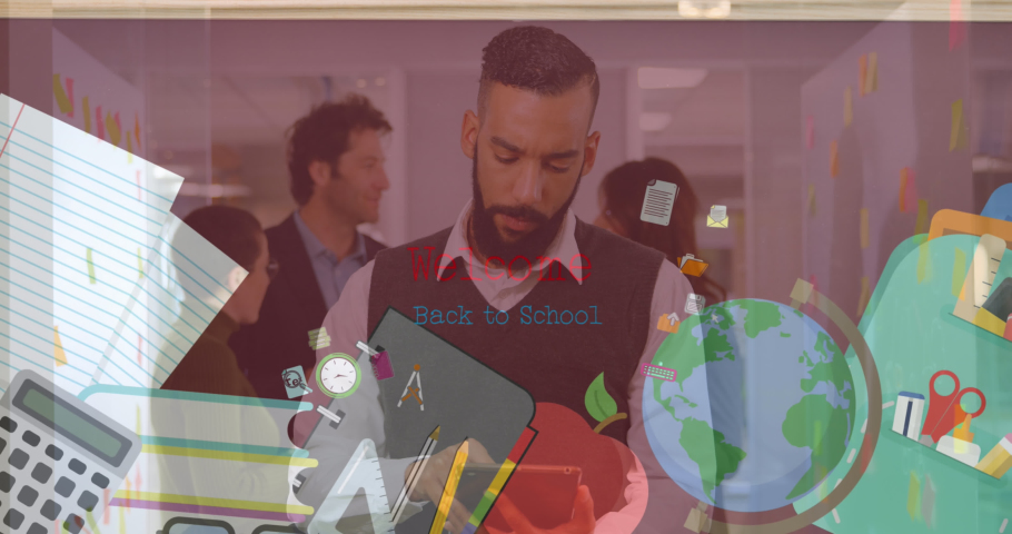 Animation of school items over biracial businessman and coworkers in office. Business, learning and creativity concept digitally generated video. | Shutterstock HD Video #1093378505