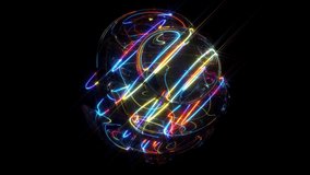 3d video animation of surreal mystic alien ball sphere sculpture in curve wavy organic lines forms in deformation process in translucent glass material with laser plasma lines around in rainbow color