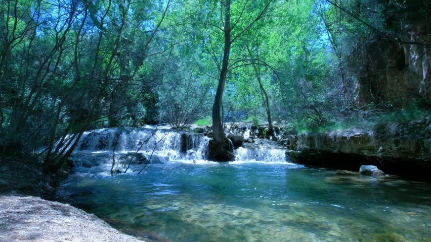 Forest rocks with a roaring stream running. Beautiful fairy waterfall at wild forest. Fresh water waterfalls river flowing. Lush foliage. Panoramic landscape of green nature. 