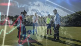 Animation of data processing over diverse female and male soccer players playing match. Sport, competition, durability and technology concept digitally generated video,
