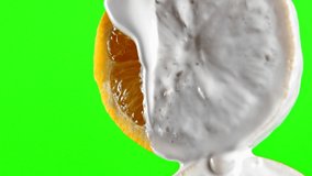 Close-up of citrus fruits with white paint. Stock clip. Video with citrus fruits and flowing white liquid. Creative video with fruit and white cream on green background
